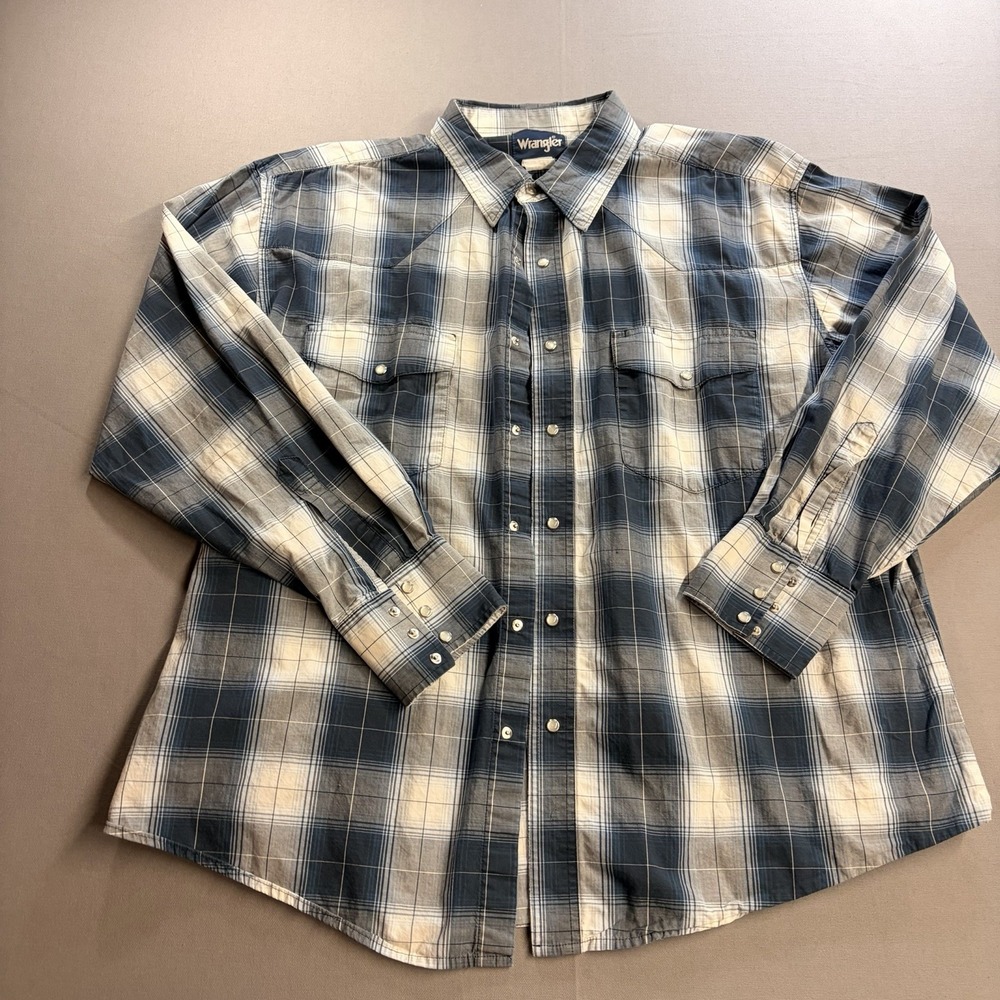 Wrangler Blue Plaid Pearl Snap Western Shirt Men's M Long Sleeve Cowboy